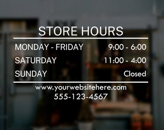 Calcomanía de ventana de horario comercial / Horario simple Día de la semana, sábado, domingo / Horario comercial / Horario personalizado