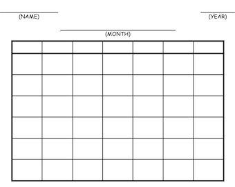 Puede incluir: Una cuadrícula de calendario en blanco con encabezados para Nombre, Mes y Año. La cuadrícula tiene 7 columnas y 6 filas.