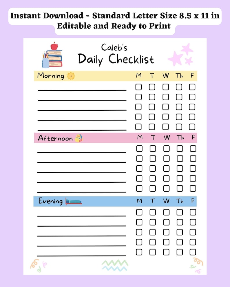 Editable kids daily checklist printable kids chore chart etsy canada