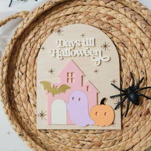 May include: Wooden Halloween countdown sign with a pink house, gold bat, purple ghost, and orange pumpkin. The sign reads "Days till Halloween" in white lettering. Two black plastic spiders are on the woven tray.