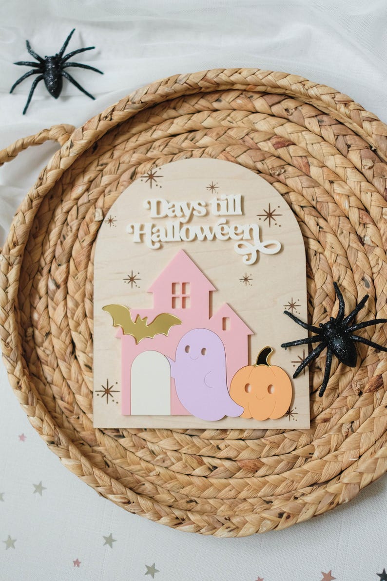 May include: Wooden Halloween countdown sign with a pink house, gold bat, purple ghost, and orange pumpkin. The sign reads "Days till Halloween" in white lettering. Two black plastic spiders are on the woven tray.