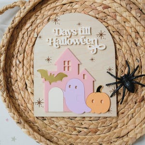 May include: Wooden Halloween countdown sign with a pink house, ghost, and pumpkin. The sign reads "Days till Halloween" in white lettering. Includes a gold bat and star accents. Two black glitter spiders are placed on the woven tray.