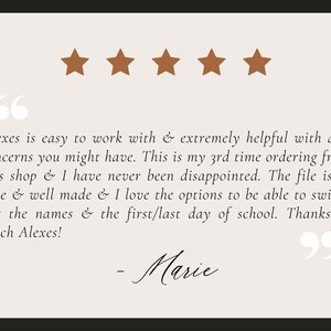May include: A customer review with a light beige background and a black border. The text reads: "Alexes is easy to work with & extremely helpful..." and is signed "- Marie." Five brown stars are at the top.