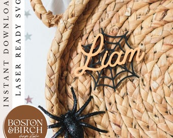 Spider Web Name Tag SVG, Personalized Halloween Boo Basket (Laser Cut File)