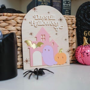 May include: Wooden Halloween sign with a pink house, ghost, and pumpkin. The sign reads "Days till Halloween" and features a gold bat. A black spider sits in front of the sign.
