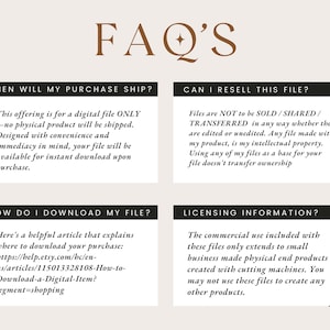 May include: A digital file FAQ sheet with text in a serif font. The title "FAQ'S" is in a brown script font. The sheet answers questions about shipping, reselling, downloading, and licensing.