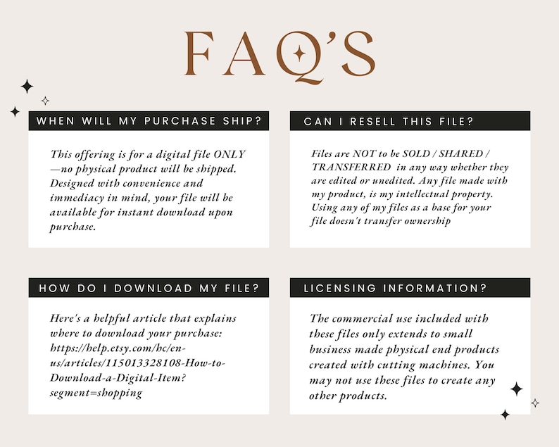 May include: A digital file FAQ sheet with text in a serif font. The title "FAQ'S" is in a brown script font. The sheet answers questions about shipping, reselling, downloading, and licensing.