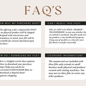 May include: A graphic with a brown text overlay that reads "FAQ'S" and four boxes with information about digital file purchases. The boxes have the following titles: "When will my purchase ship?", "Can I resell this file?", "How do I download my file?", and "Licensing information?"