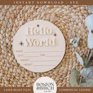 Letrero con el mensaje "Hola mundo", letrero con el mensaje "Estoy aquí", letrero con el mensaje "Nacimiento de un recién nacido", archivo Glowforge, archivo SVG, archivo cortado con láser, descarga instantánea