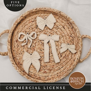 May include: Five wooden bow shapes with a hole for hanging, arranged on a woven straw tray. The text "FIVE OPTIONS" and "COMMERCIAL LICENSE" are visible on the image.