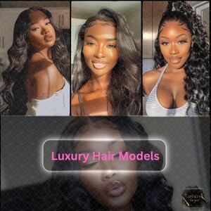 May include: Three women with long, dark, wavy hair wearing different hairstyles. The text "Luxury Hair Models" is in a pink rectangle at the bottom of the image.