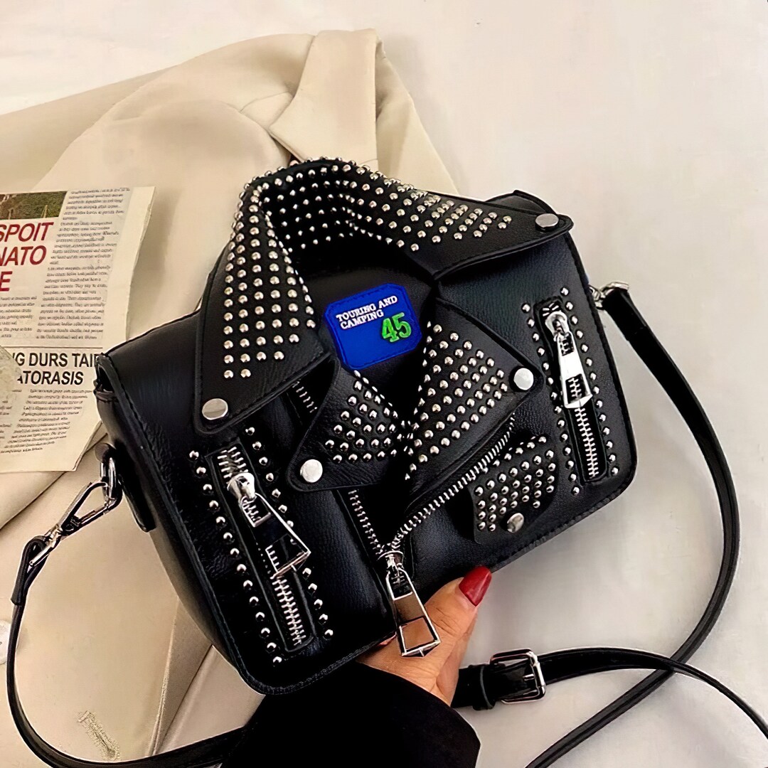 Rhinestone Leather Jacket Bag Leather Bag Biker Bag Etsy