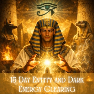 May include: A digital illustration featuring a central figure in an Egyptian-style headdress and white robe, with hands glowing over a silhouette. Flanked by Anubis and Horus statues, the Eye of Horus sits above. Text reads 15 DAY ENTITY AND DARK ENERGY CLEARING.