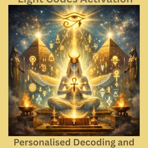 May include: A digital artwork titled Light Codes Activation, Personalized Decoding and Encoding to Monadic Blueprint, featuring a central winged figure holding an ankh, flanked by two jackal-headed statues, pyramids, and glowing symbols.