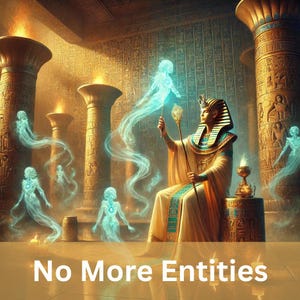 May include: A pharaoh-like figure sits on a throne in a golden temple, surrounded by ethereal blue figures. The scene is reminiscent of ancient Egyptian mythology.