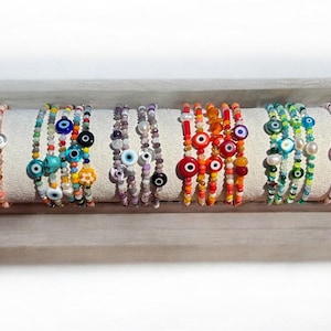 Set of 3 Customizable Evil Eye glass crystal Bead Bracelets - Boho Chic Stackable Stretch Bracelets
