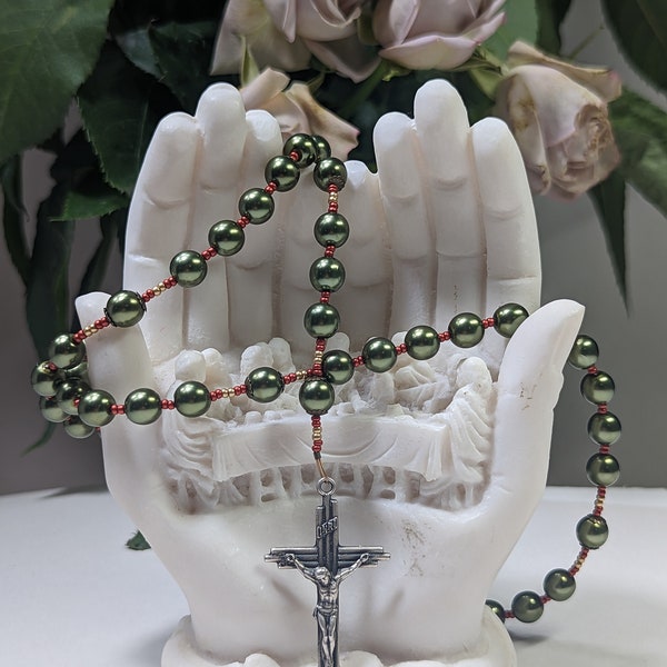 Christmas Wire Rosary - Green 8mm Beads, red and gold seed beads, Nativity Center, & 3-Bar Crucifix