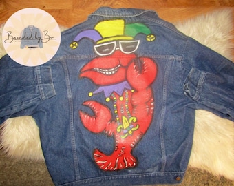 Custom Painted Denim- Mardi Gras Crawfish