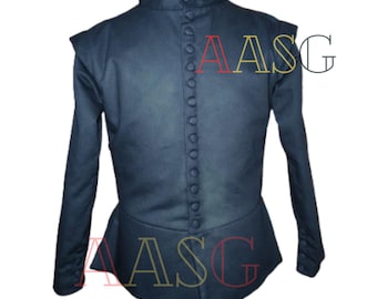 May include: A dark blue, long-sleeved jacket with a high collar and a row of buttons down the front. The jacket has a fitted waist and shoulder pads. The text "AASG" is visible on the jacket.