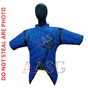 Medieval Thick Padded Cotton Half-Sleeve Fancy Gambeson with Leather Trim | Short Quilted Armor for LARP, Reenactment, and Cosplay Costume