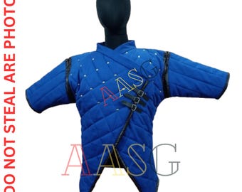 Medieval Padded Cotton Gambeson: Half-Sleeve Quilted Armor with Leather Trim