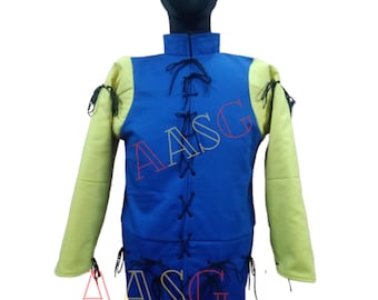 May include: A blue and yellow medieval-style tunic with a laced front and long sleeves. The tunic is made of a thick fabric and has a high neckline.