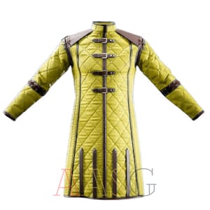 Medieval Padded Cotton Gambeson with Leather Trim | Long Quilted Armor Jacket for Historical Reenactments, LARP, and Cosplay Costume