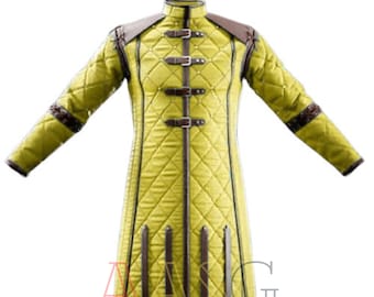Medieval Padded Cotton Gambeson with Leather Trim | Long Quilted Armor Jacket for Historical Reenactments, LARP, and Cosplay Costume