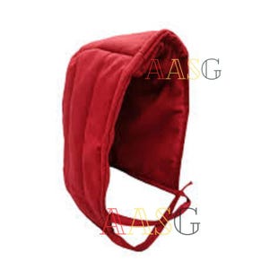 May include: A red padded hood with a drawstring closure. The hood is designed with vertical stitching and is made of a solid red fabric. The letters "AASG" are visible in the upper right and lower left corners.