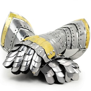 Metal Armor Gauntlet Gloves Pair Brass Accents Medieval Hand protection armor Gloves for halloween christmas gift