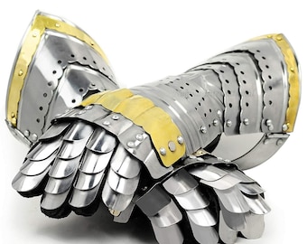 Handmade Steel Gauntlet Gloves: Medieval Armor with Brass Accents