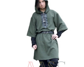 Medieval Men&#39;s Cotton Tunic Cloth Half Sleeve With Hooded Costume - Authentic Renaissance Cosplay Attire - sca Viking Larp Gift