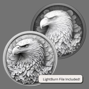 May include: Two detailed, 3D-carved wood plaques of an eagle's head with a floral background.  LightBurn file included.