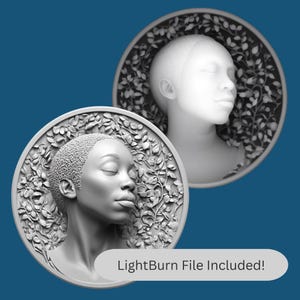 3D Woman Portrait Coin Engraving File: Fiber Laser, CNC (PNG, Lightburn)