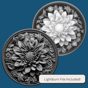 May include: Two black and white circular designs featuring a large, detailed flower with intricate floral patterns surrounding it. Lightburn File Included! is written in white text on a black background.