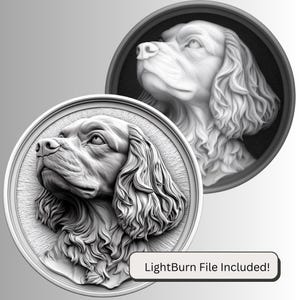 Münze Tiefe Karte | Höhe Karte | Xtool | Glühschmiede | PNG-Datei | Graustufen | Lichtbrand | 3D Gravurdateien | König Karl | Hund | Spaniel