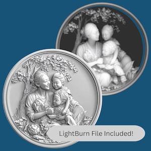 May include: A white 3D relief carving of a mother and two children sitting in a garden setting. The mother is holding a book and the children are looking at her. The carving is circular and has a detailed design.