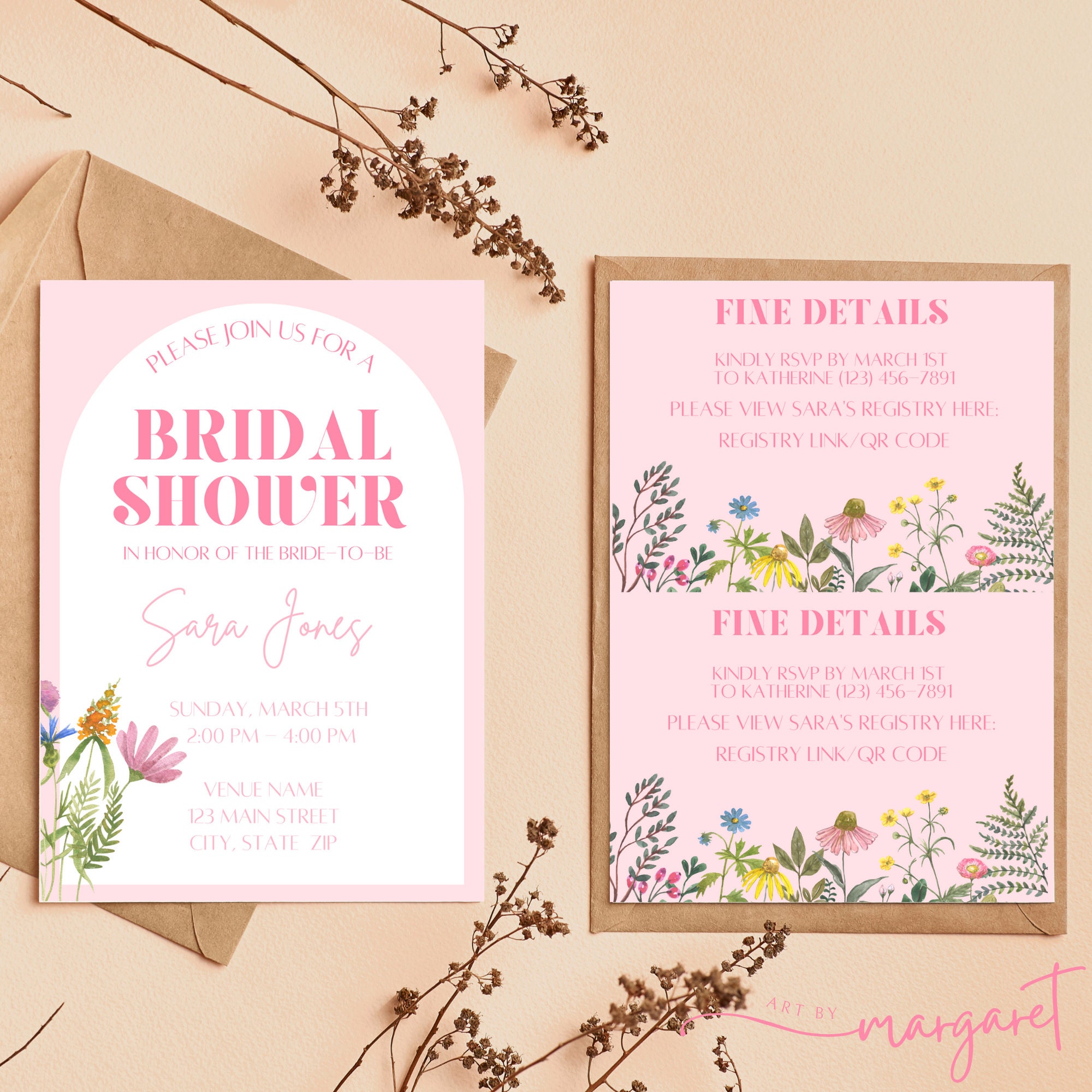 Pink Floral Bridal Shower Invitation Template Summer Spring Bridal Shower Garden Party Invitation Printable Template Editable