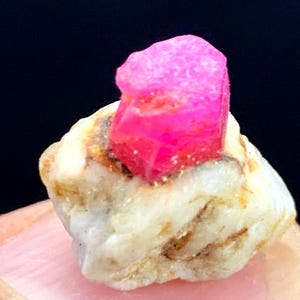 Peut inclure: Un cristal de rubis rose vif est posé sur une roche de couleur crème avec des marques marron et beige. Le rubis est d'un rose vif et saturé, et la roche a une surface rugueuse et texturée. Le fond est noir uni.