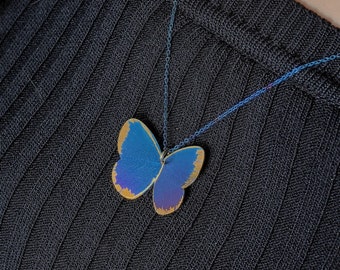 Titanium Butterfly Necklace. Handmade Pendant. Oxidized Titanium Jewelry.  Gifts for her. Blue Butterfly Charm. Butterfly Lovers.