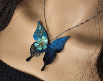 Titanium Butterfly Necklace. Handmade Pendant. Oxidized Flower Titanium Jewelry.  Gifts for her. Blue Butterfly Charm. Butterfly Lovers.