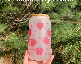 Strawberry Hearts Glass Cup with Bamboo Lid