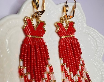 Red Gold Dress Brick Stitch Fringe MMIW Handmade Earrings