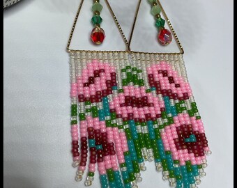 Floral Poppy Fringe Triangle Hoop Light Weight Beaded Gift Handmade Earrings
