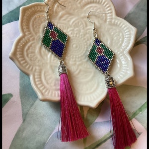 Rhombus Shaped Pink Green Blue Color Miyuki Delica Beaded Earrings with Pink Tassel