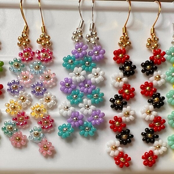 Daisy seed beads Christmas colors black red white yellow lilac aqua drop earrings