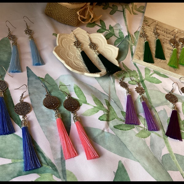 Colorful Celtic Tree Theme Tassel Earrings, Fringe Earrings, Boho Earrings, Long Tassel Earrings, Dangle Earrings