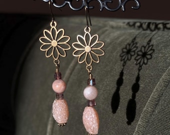 Bronze Flower Rose Gold glass beads dangle Handmade Earrings