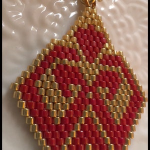 Ethnic Pattern Pomegranate Red Gold Brick Stitch Miyuki Delica Beaded Handmade Pendant
