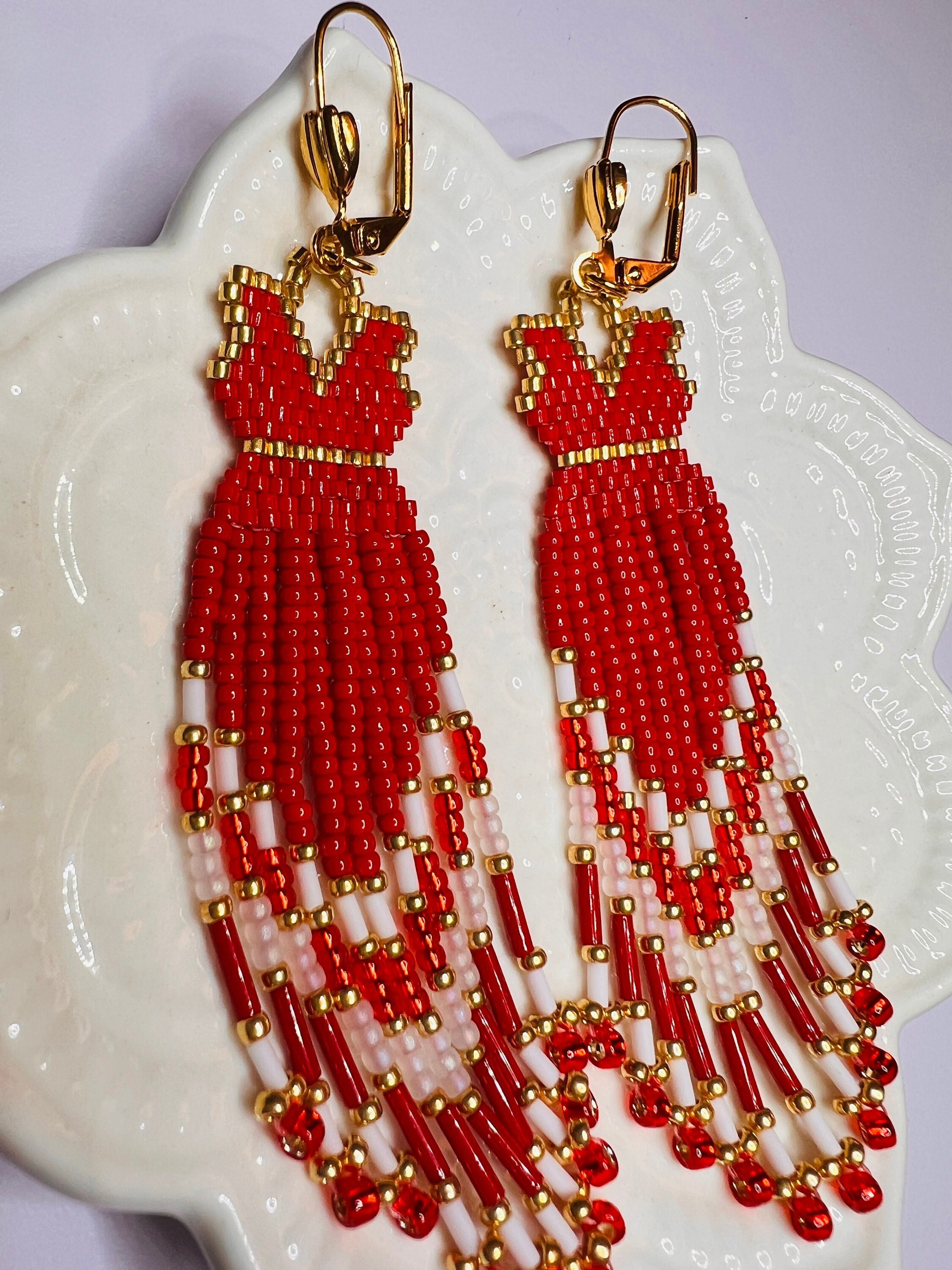 Red Gold Dress Brick Stitch Fringe MMIW Handmade Earrings